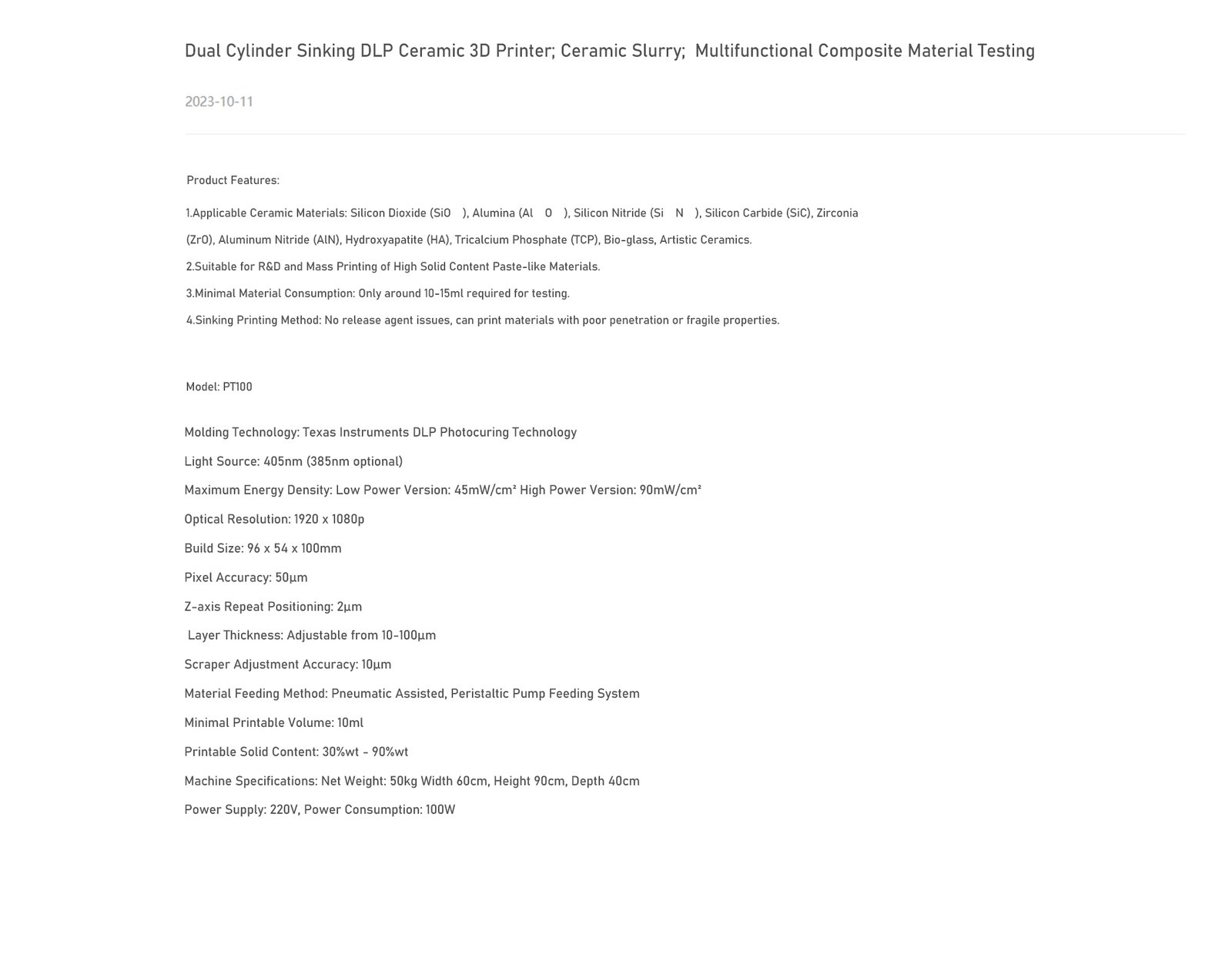 PT100 - Dual Cylinder Sinking DLP Ceramic 3D Printer; Ceramic Slurry; Multifunctional Composite Material Testing - Image 2