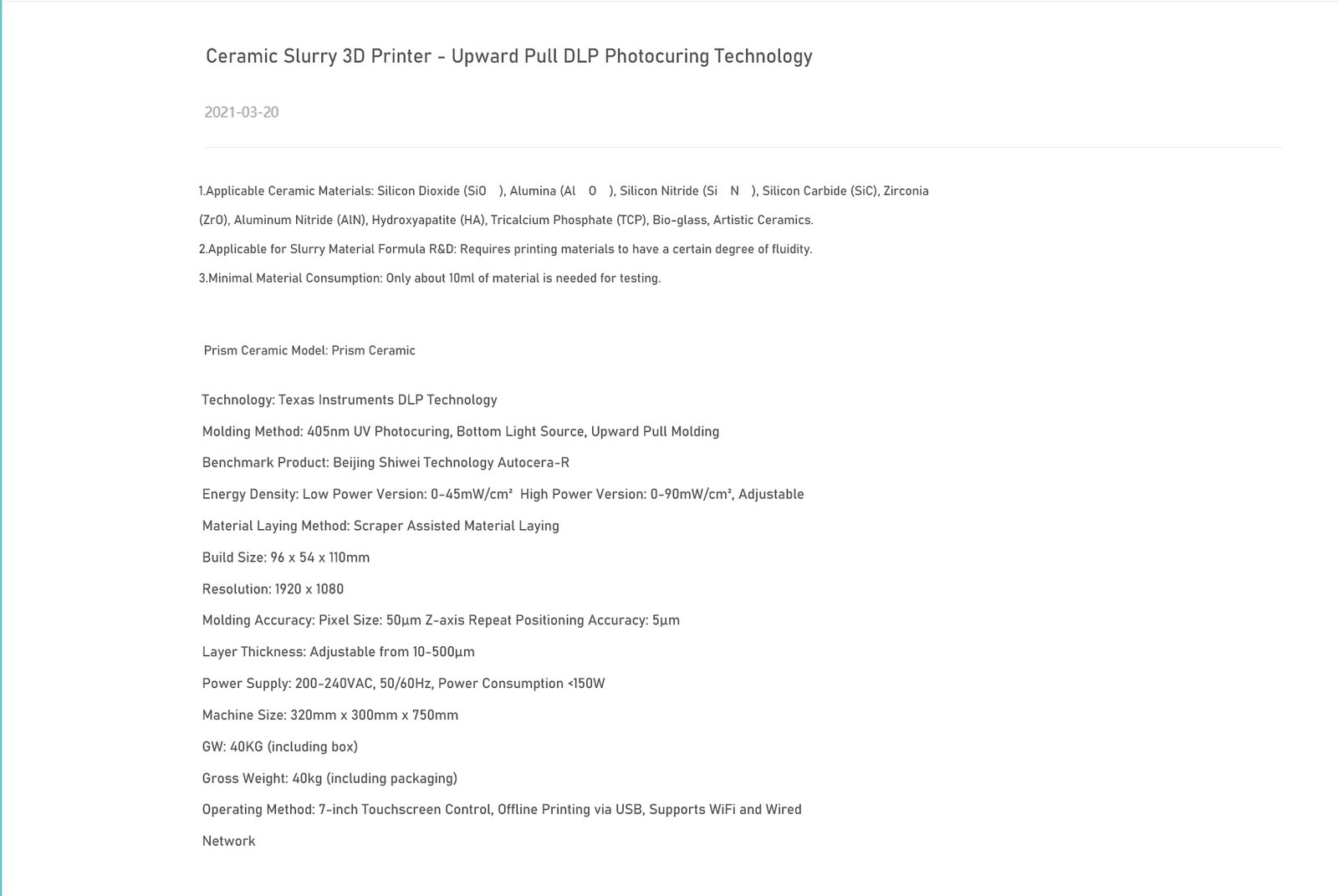 Prism Ceramic - Ceramic Slurry 3D Printer - Upward Pull DLP Photocuring Technology - Image 2
